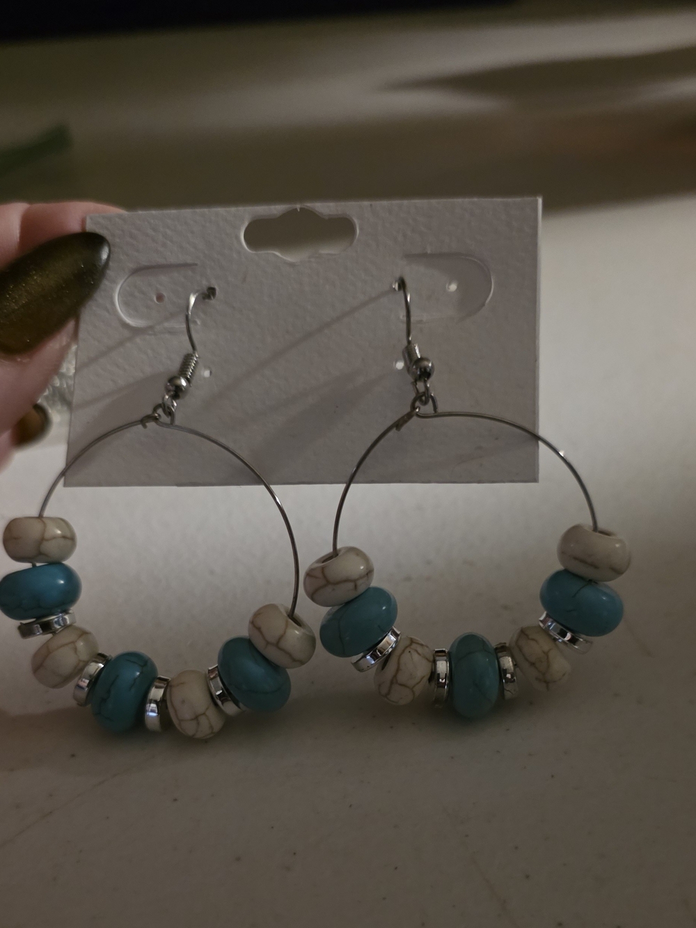 Hoop Earrings with Turquoise and Cream Beads